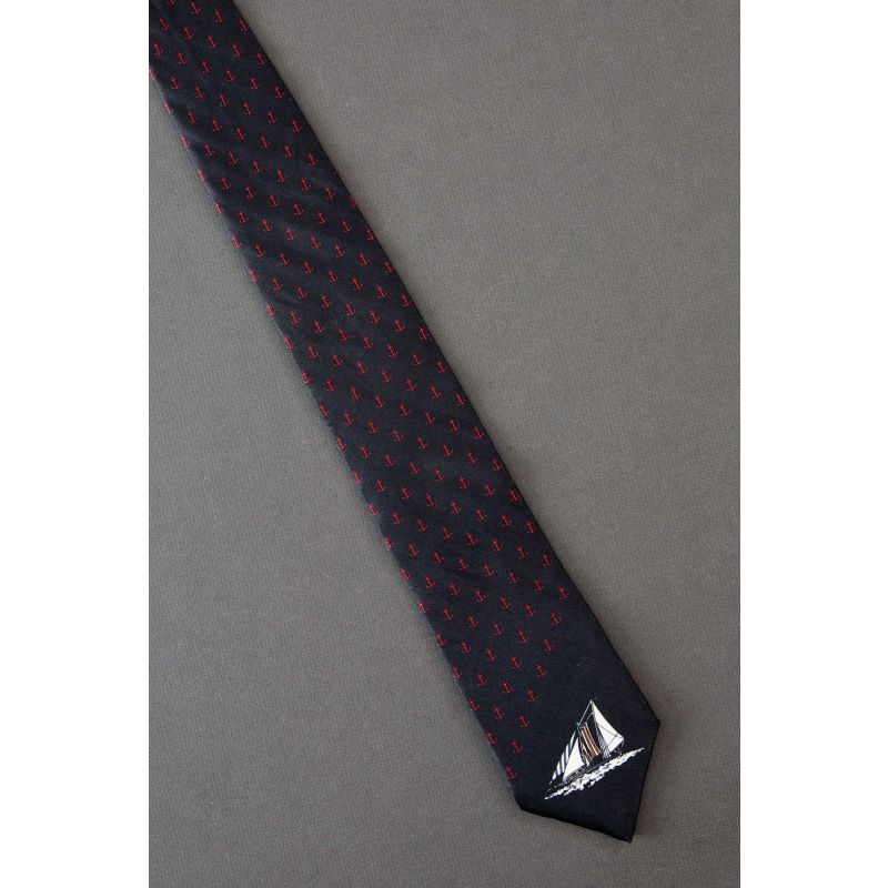 Red Anchors & Sailboat - 1980s Black Vintage Tie