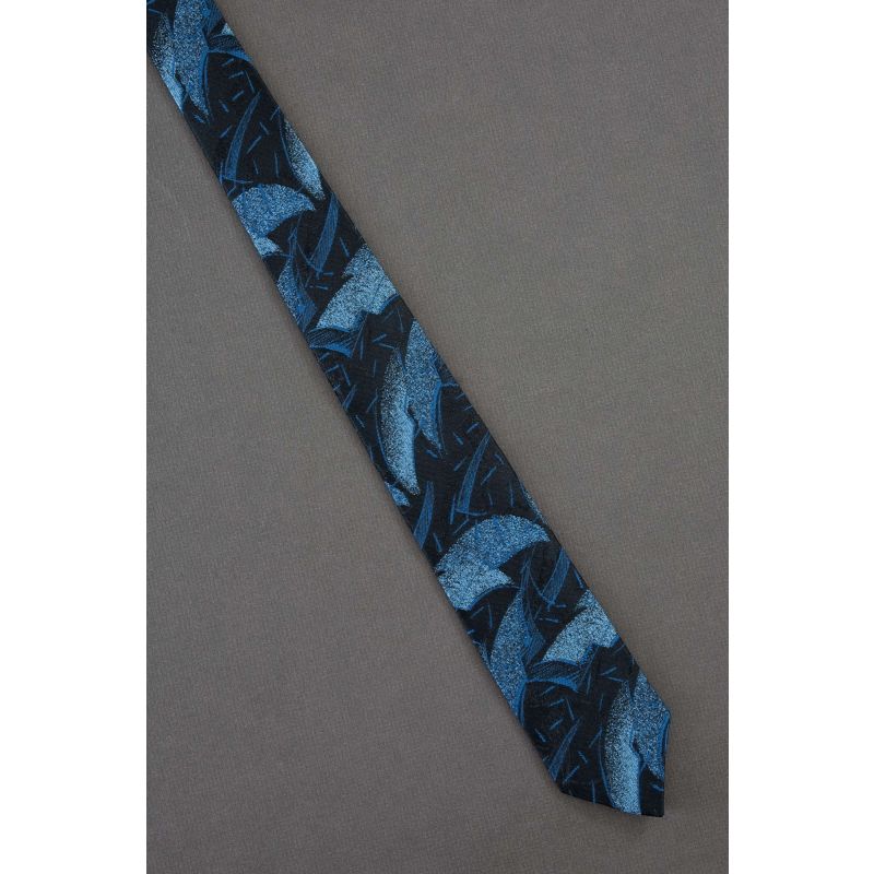 Blue Design On 1980s Skinny Black Necktie
