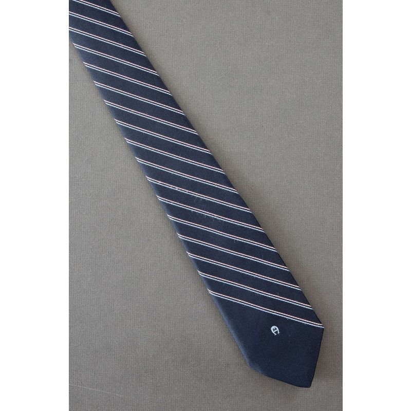 1980's Etienne Aigner Navy Striped Logo Tie