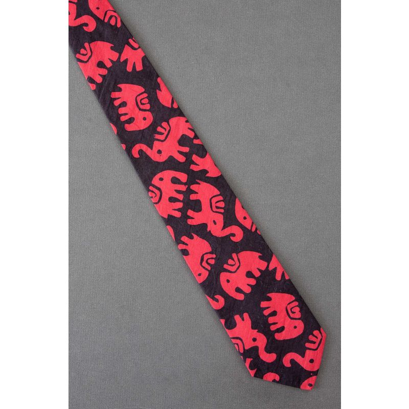 Red Elephant Allover - Black Cotton Necktie
