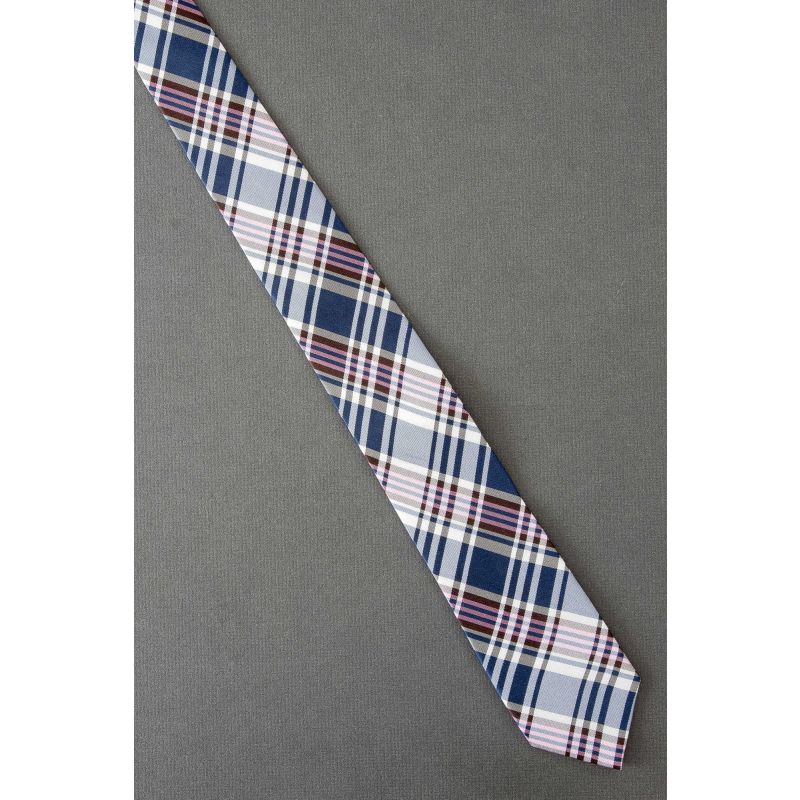 Navy & Pink Plaid - Modern Skinny Silk Tie