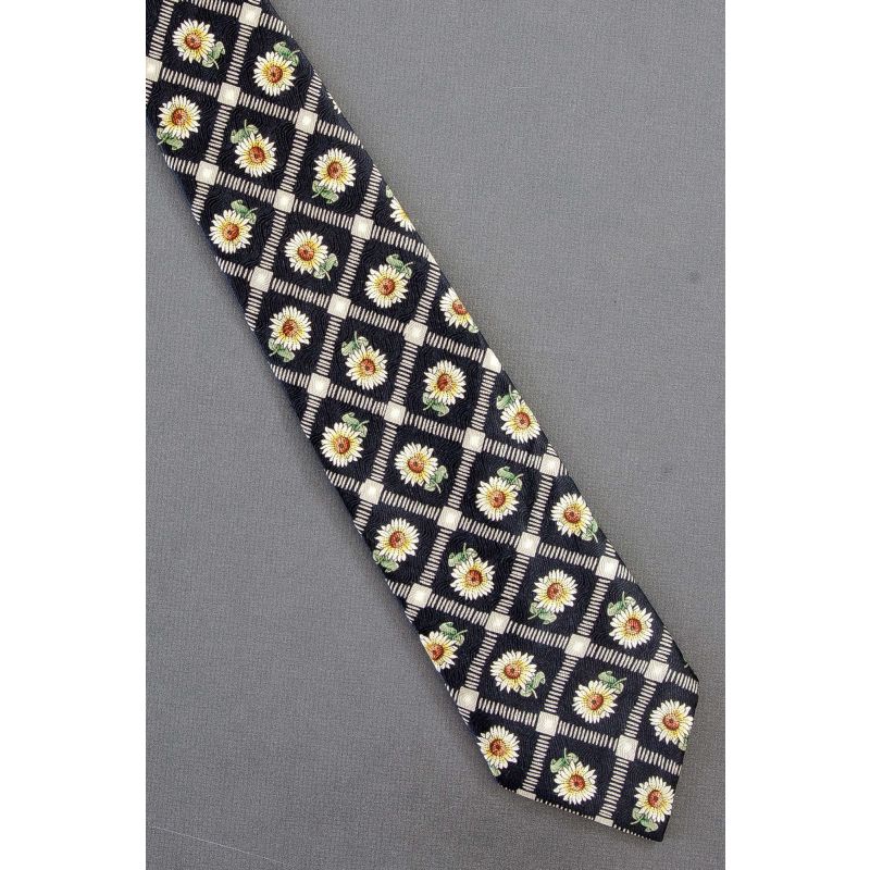Daisies Inside Diamond Pattern - Black Silk Tie