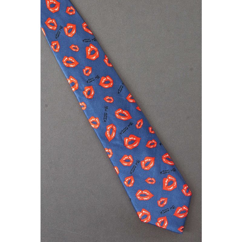 Kiss Me Ask Red Lips - Navy Blue Silk Necktie