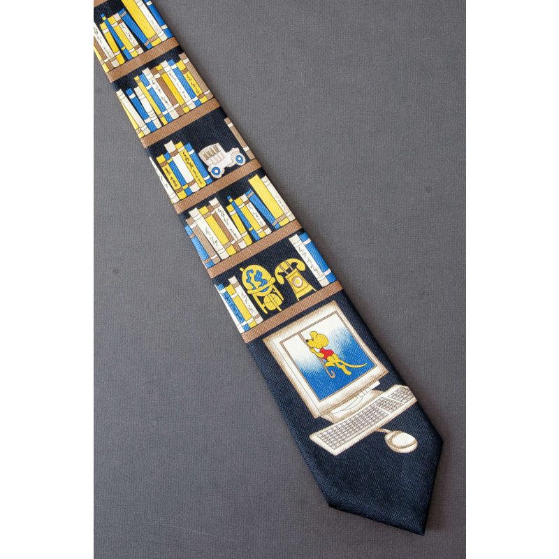 Mouse Uses Cord to Reach Bookcase Necktie