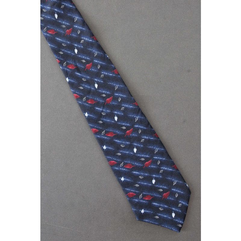 Red & White Leaves - Navy Blue Silk Necktie