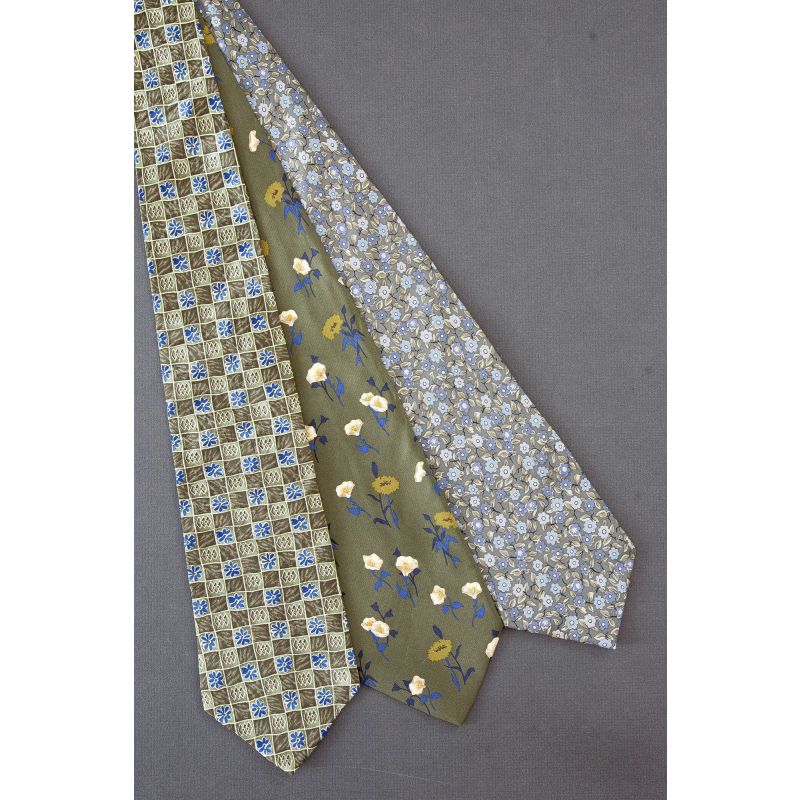 3 For $25 - Green Silk Ties With Blue Flowers