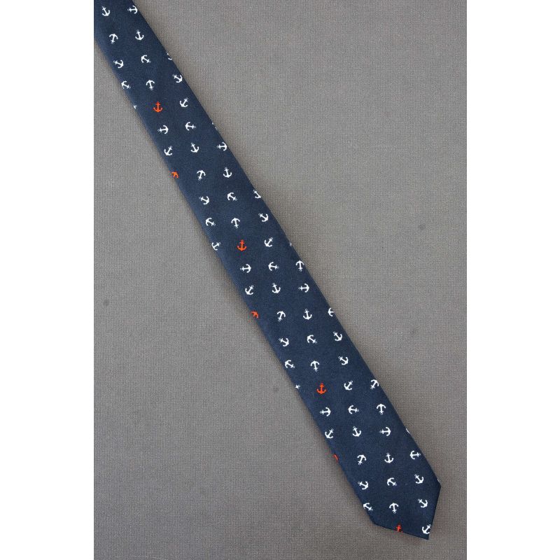 White & Red Anchors on a Skinny Navy Necktie