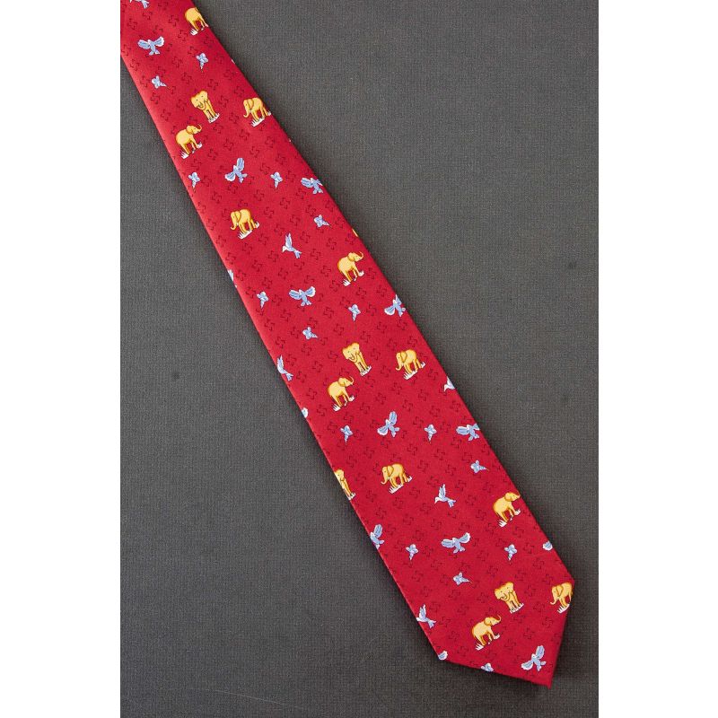 Elephant, Bird & Flower - Red Silk Necktie