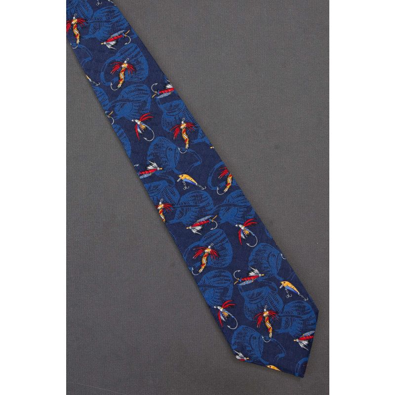 Fishing Flies & Lures & Creels - Navy Silk Necktie