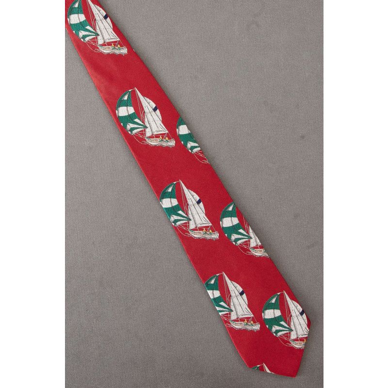 Christmas Color Sailboat Themed Silk Necktie