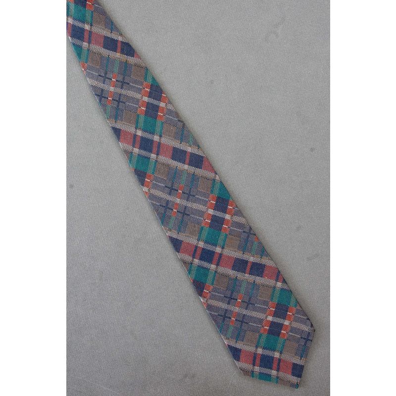 Orange, Navy,  Green & Gray Silk Plaid Necktie
