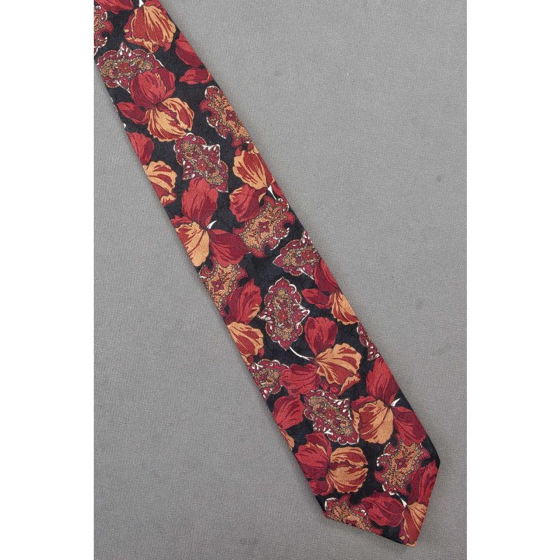 Red Tulip Spring Flowers - Black Silk Necktie