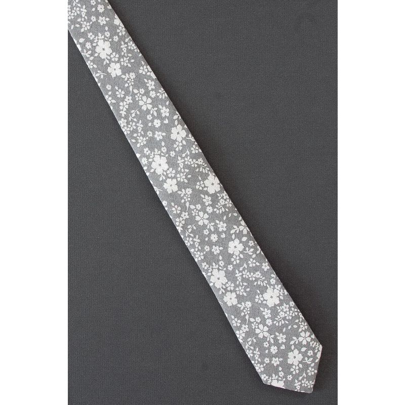 Ivory Flowers on a Skinny Gray Cotton Tie
