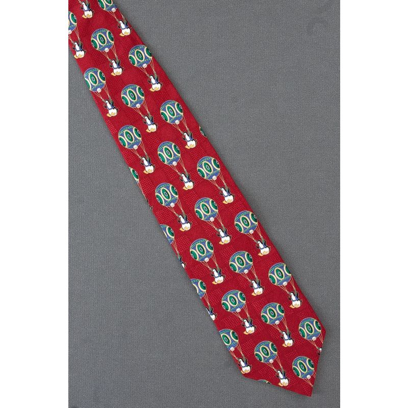 Penguin Floats Down in Balloon - Red Silk Tie
