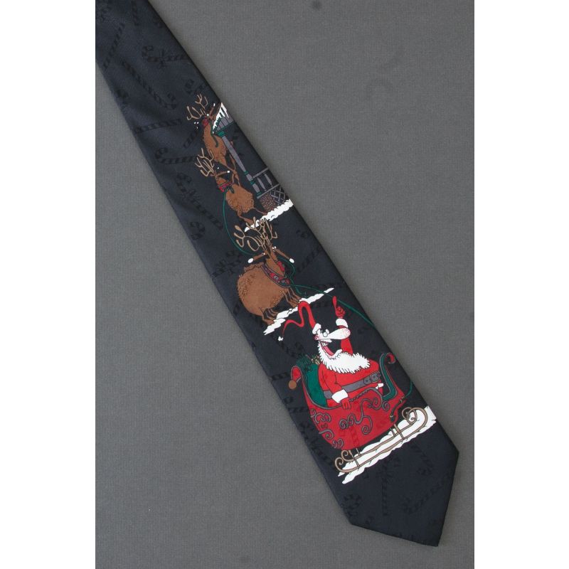 Cartoon of Reindeer & Santa Getting to Roof Tie