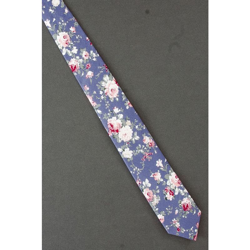 White & Pink Roses - Skinny Blue Cotton Tie
