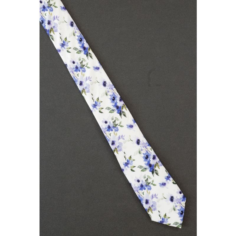 Purple Flowers - Extra Long Thin White Silk Tie