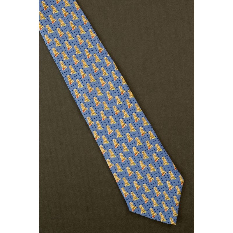 Yellow Lab With Bone & Bowl - Blue Silk Necktie