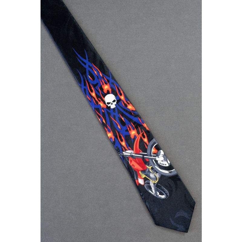 Flaming Dirt Bike & Skull - Slim Black Neck Tie