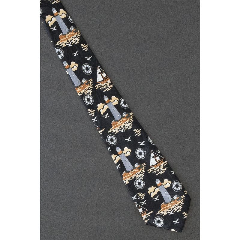 Lighthouse on Island & Seagulls - Black Necktie