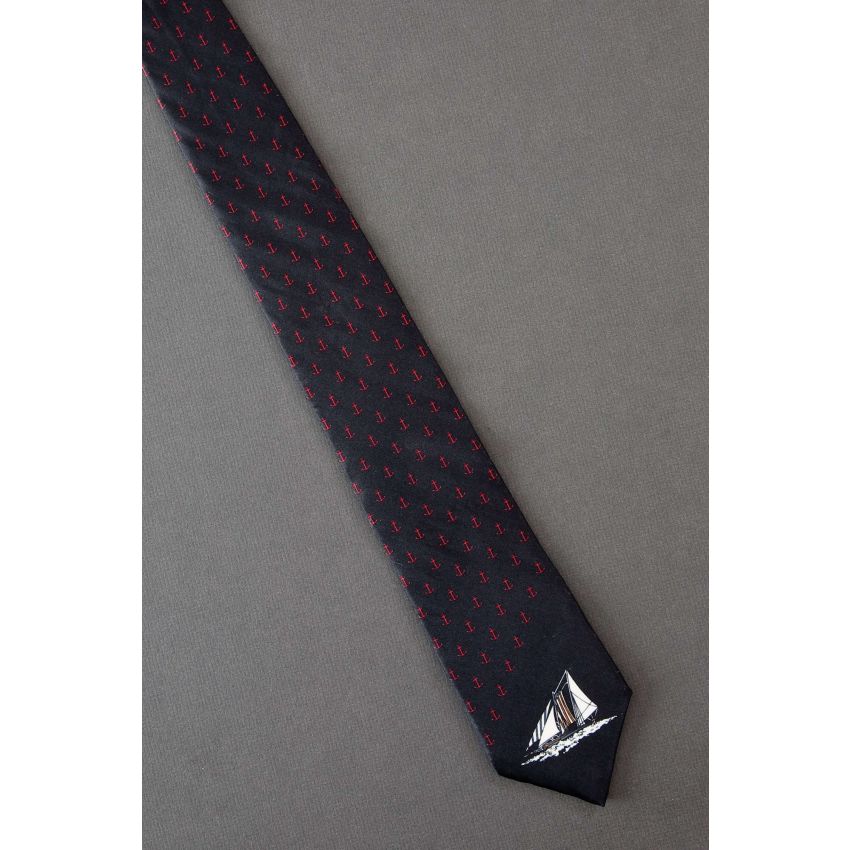 Red Anchors & Sailboat - 1980s Black Vintage Tie