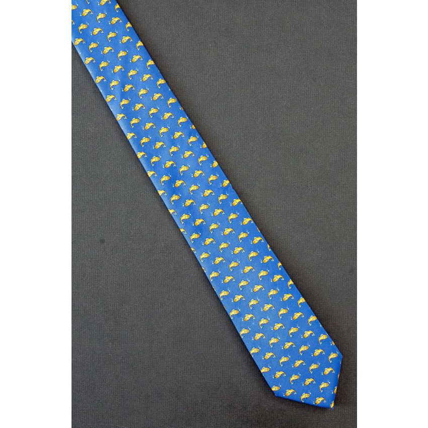 Yellow Fish Allover - Men's Skinny Blue Tie