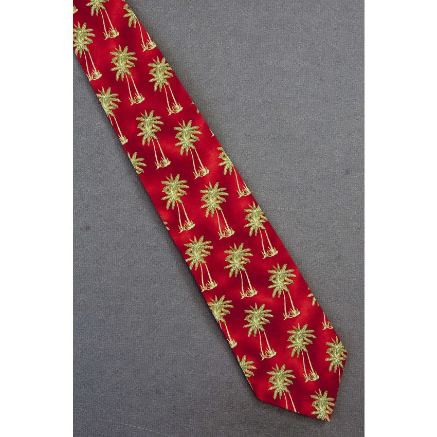 Pairs of Green Palm Trees - Red Silk Necktie