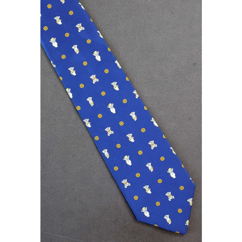 Teddy Bears & Yellow Flowers - Blue Silk Tie