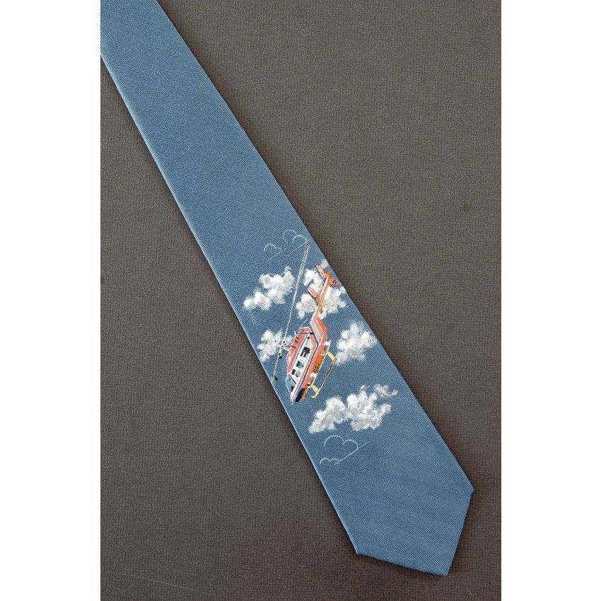 Helicopter Hand Painted on a Blue Silk Necktie
