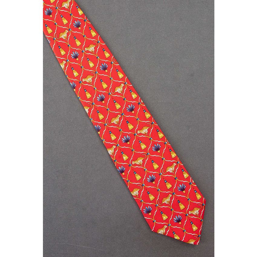 Running Tiger, Tassel & Plant - Red Silk Necktie