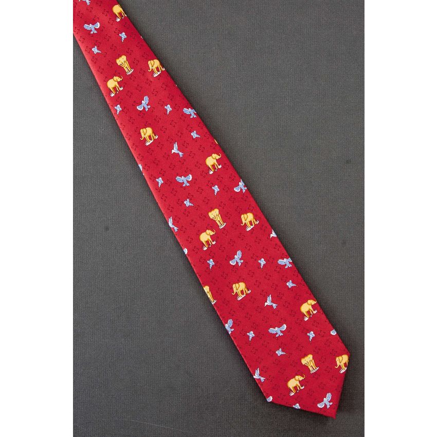 Elephant, Bird & Flower - Red Silk Necktie