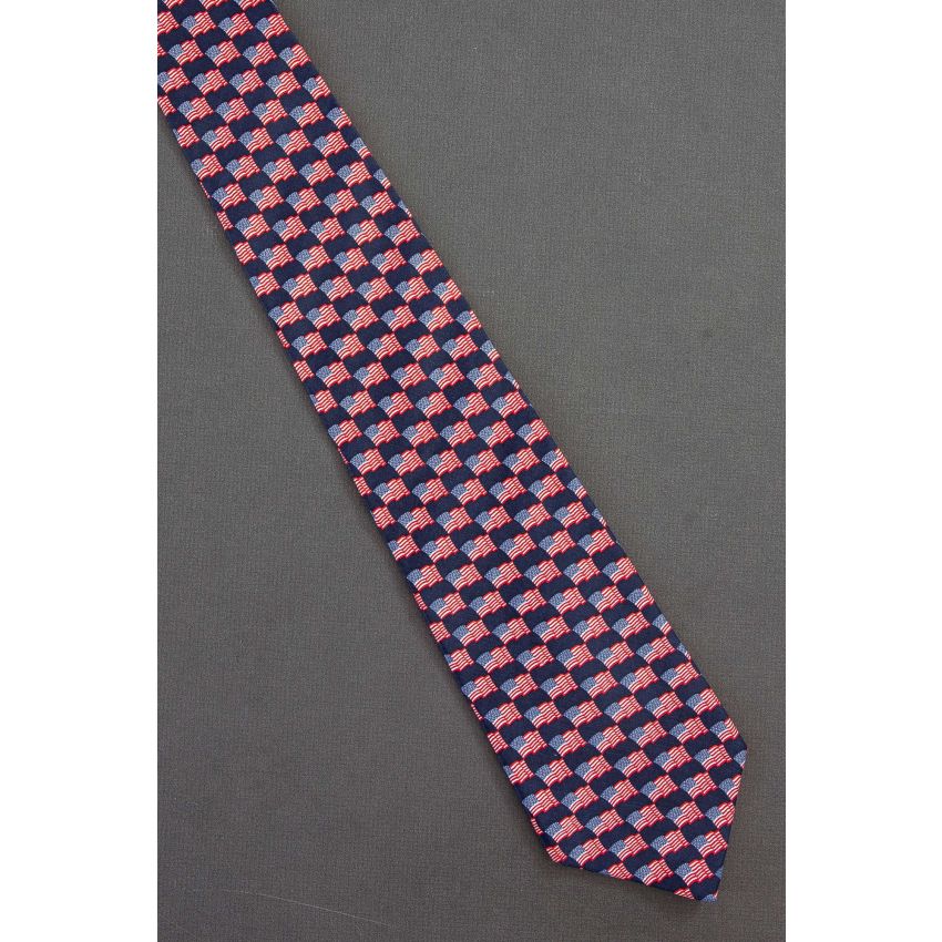 Waving American Flags - Navy Blue Silk Necktie