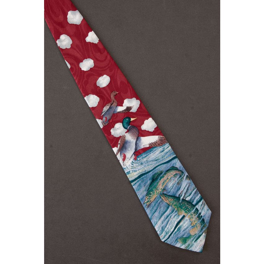 Two Ducks & Two Fish - Red Waterfowl Necktie