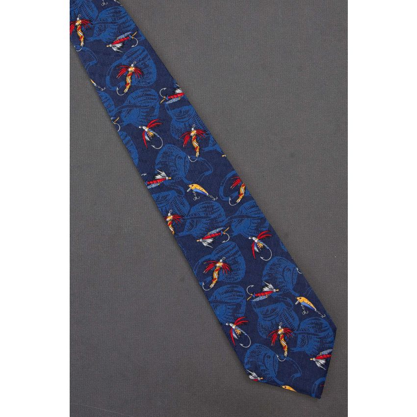 Fishing Flies & Lures & Creels - Navy Silk Necktie