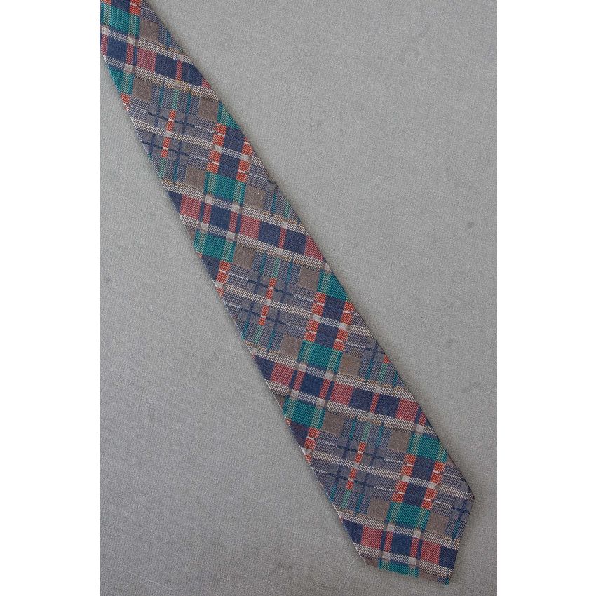 Orange, Navy,  Green & Gray Silk Plaid Necktie