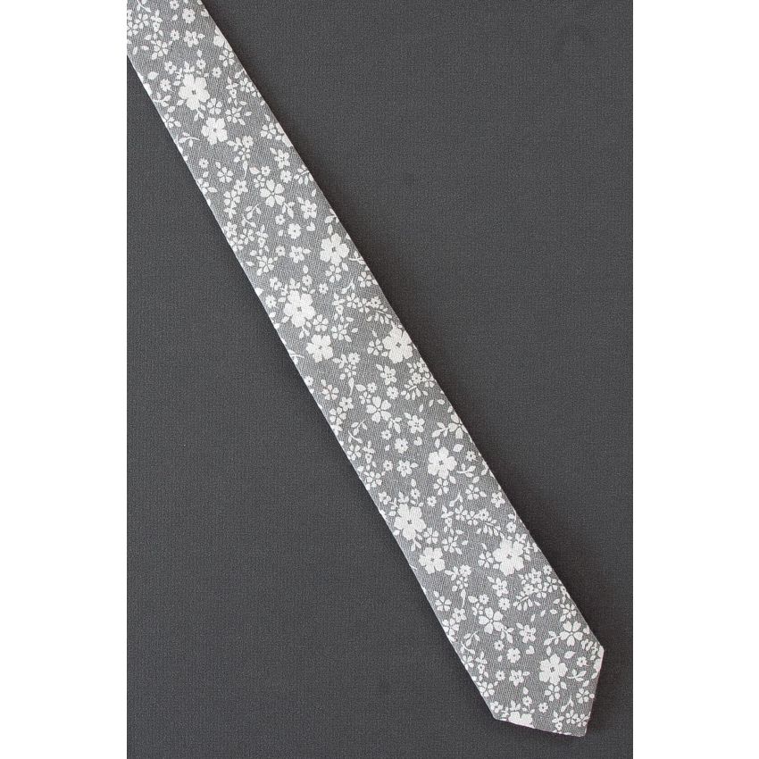 Ivory Flowers on a Skinny Gray Cotton Tie