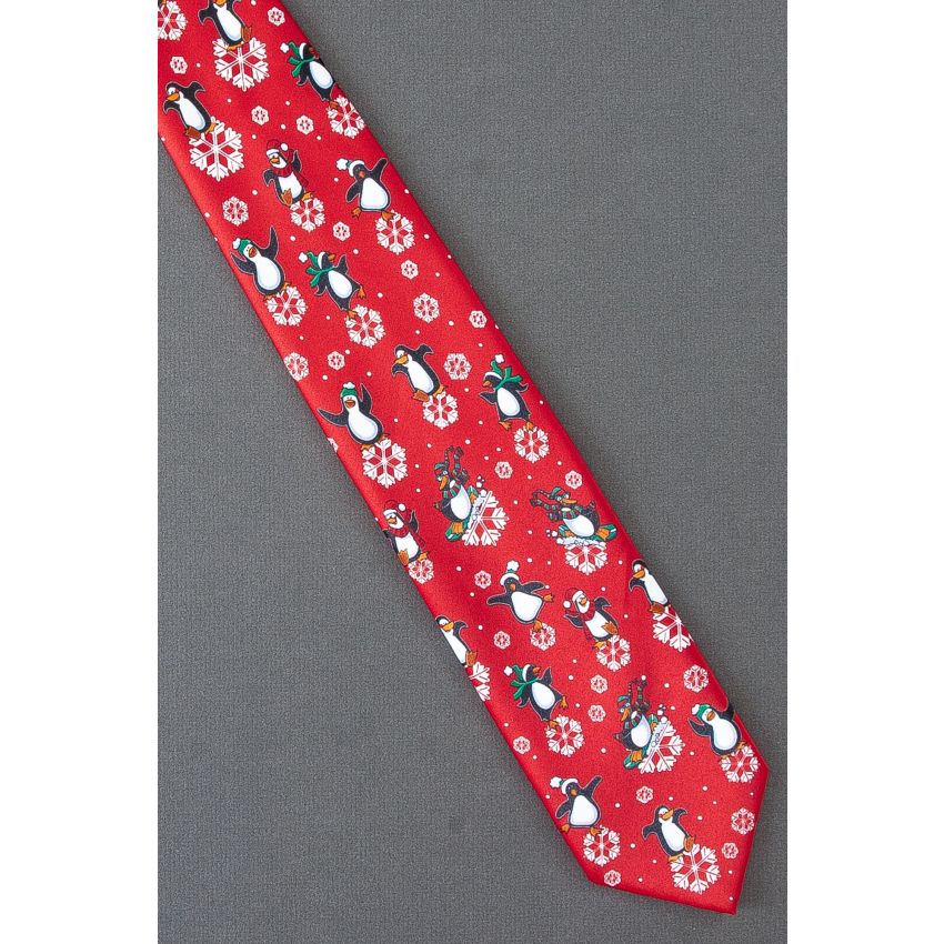 Penguins Play With Snowflakes - Red Necktie