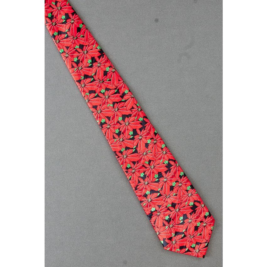 Red Poinsettia Flowers - Black Silk Christmas Tie