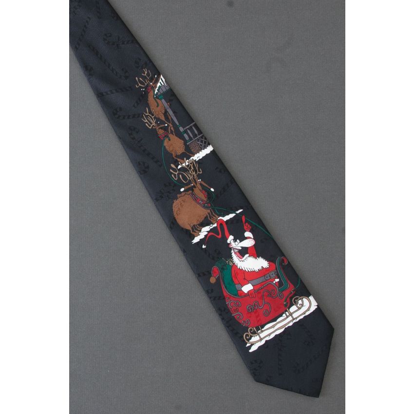Cartoon of Reindeer & Santa Getting to Roof Tie