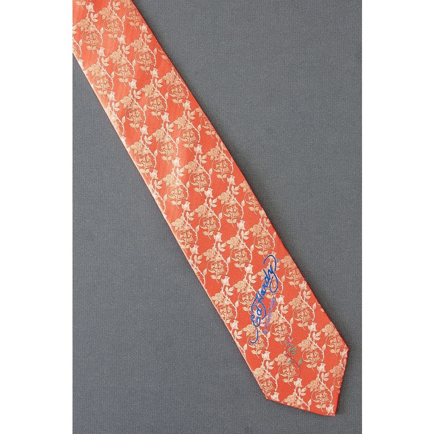 Single Red Rose - Orange Silk Ed Hardy Necktie
