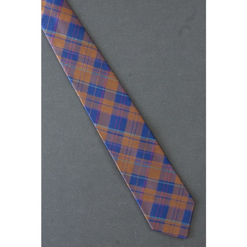 Brown & Blue Plaid - Men's Slim Silk Necktie