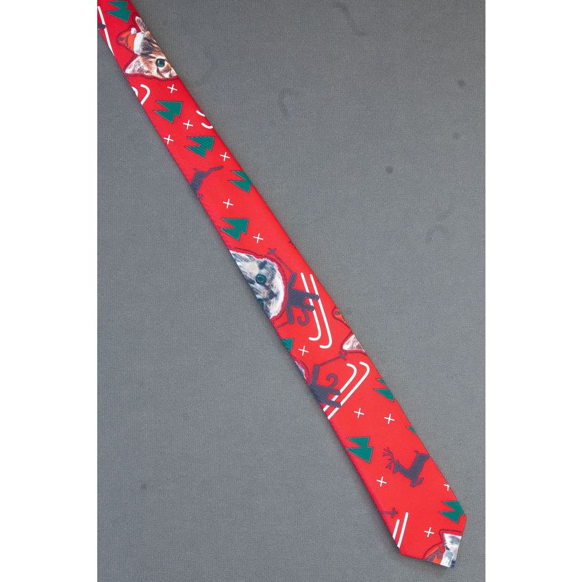 Cat Wears Santa Hat & Skis - Thin Christmas Tie