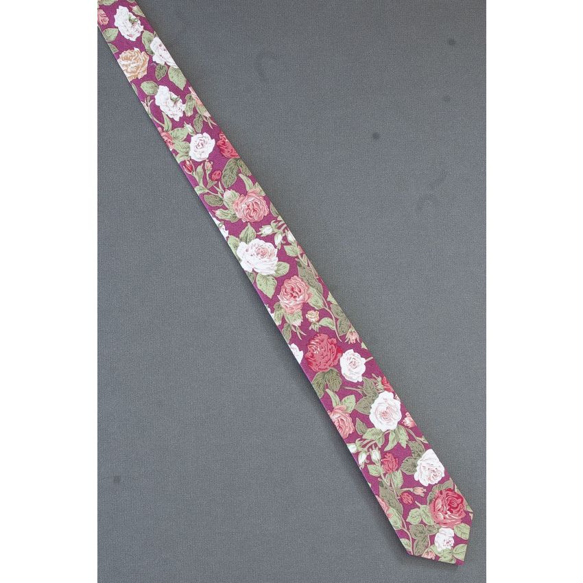 Red, Pink & White Roses - Skinny Pink Cotton Tie