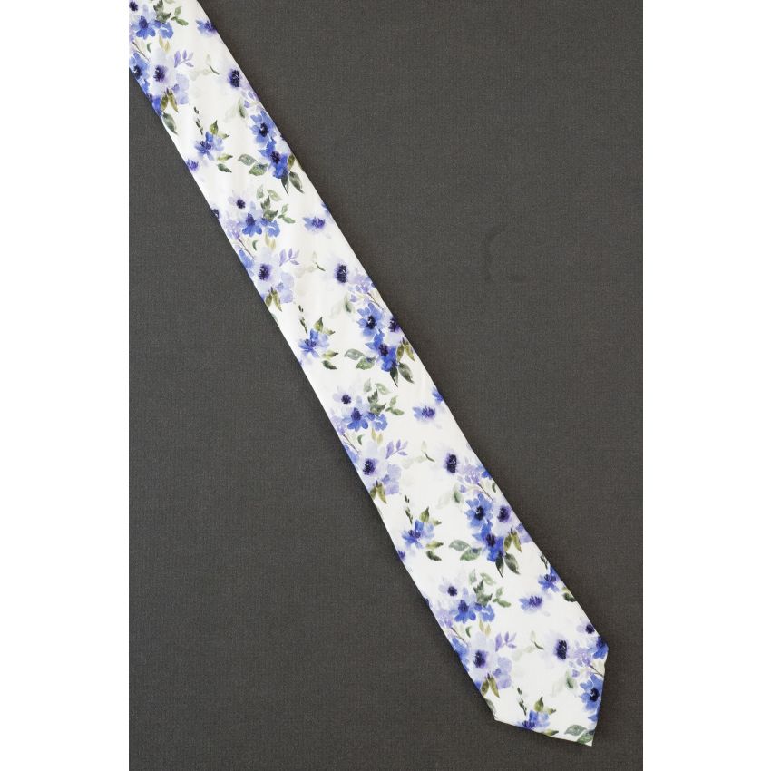 Purple Flowers - Extra Long Thin White Silk Tie