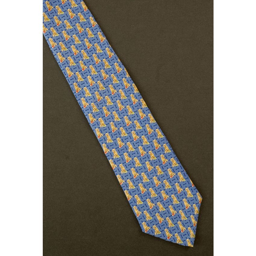 Yellow Lab With Bone & Bowl - Blue Silk Necktie