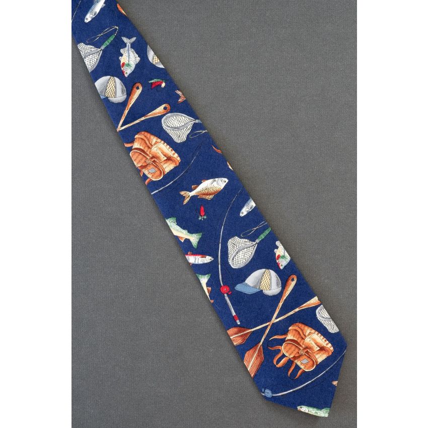 Fish, Creel, Net, Fishing Rod & Oars - Blue Tie