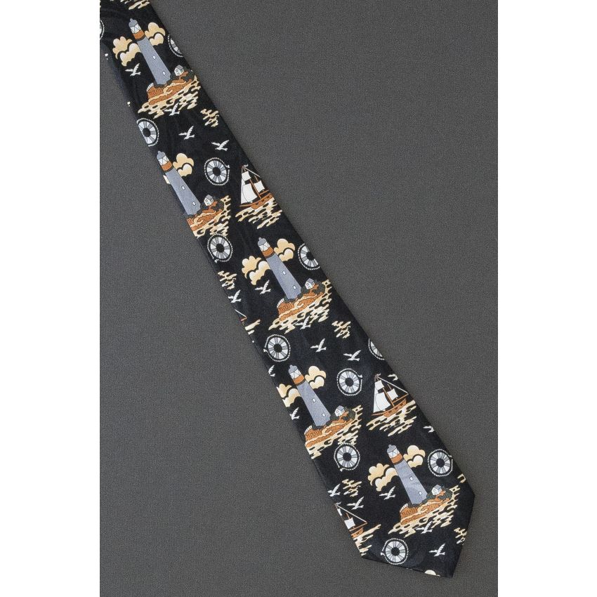 Lighthouse on Island & Seagulls - Black Necktie